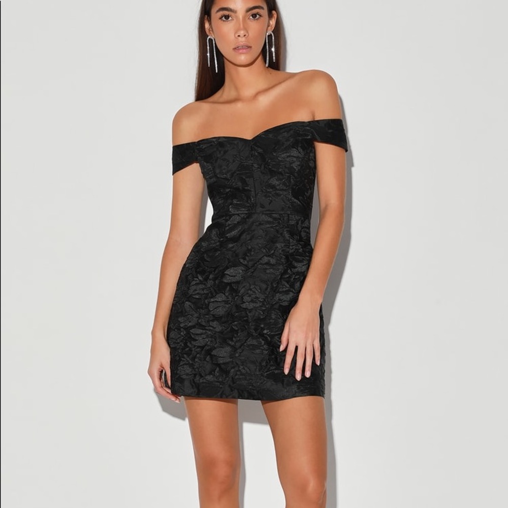 Lulu’s Black Jacquard Satin Off-The-Shoulder Dress